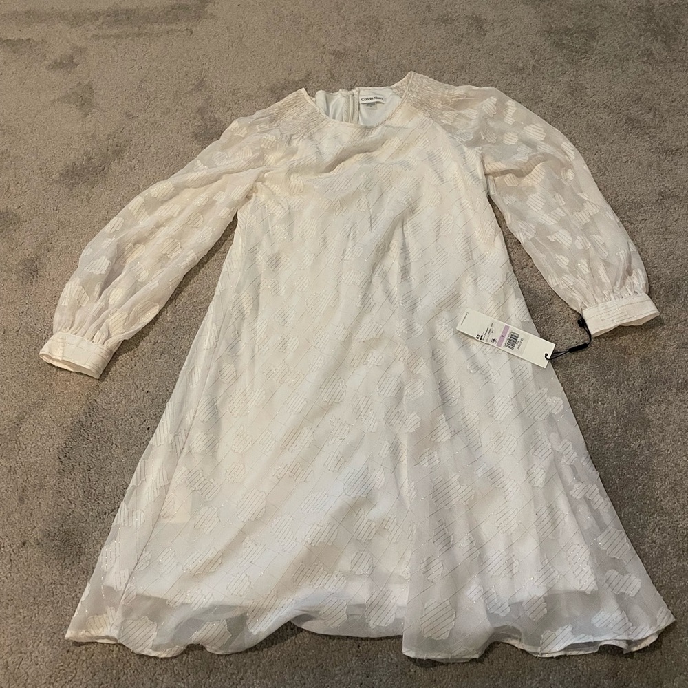 NWT Calvin Klein white sheer gold lined long sleeve dress